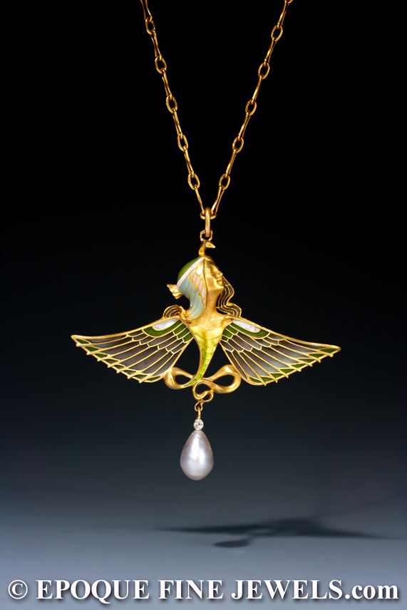 Lucien Gautrait - An Art Nouveau gold, enamel, plique-à-jour enamel, pearl and diamond pendant | MasterArt